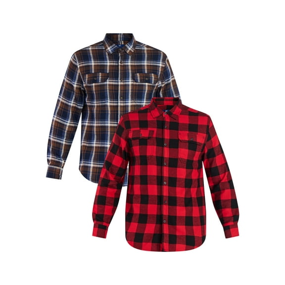 George Men's and Big Men's Double Pocket Flannel Shirt, 2 Pack, Sizes XS-3XLT