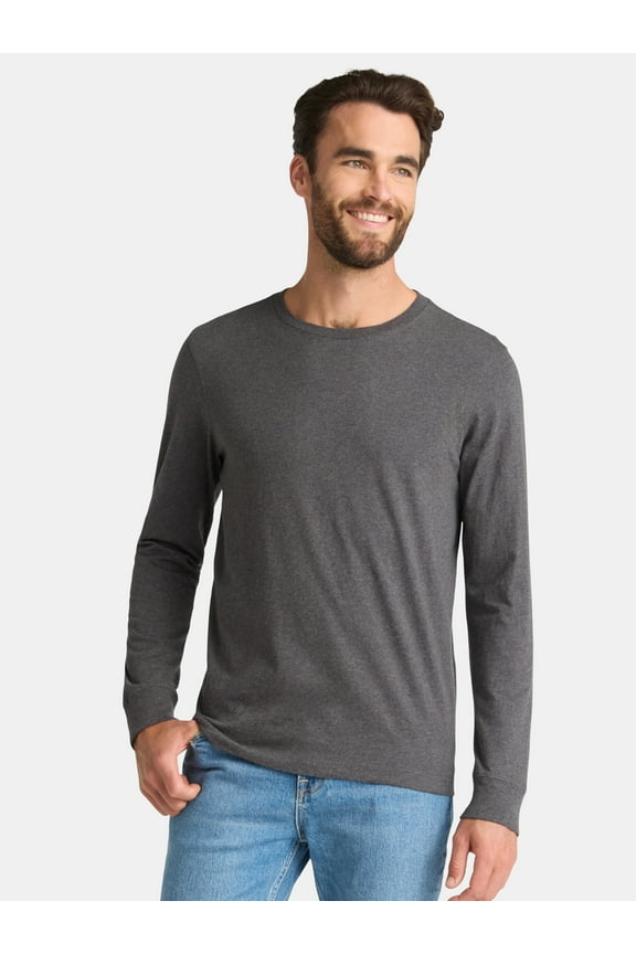 Men's & Big Men's Cotton Crewneck T-Shirt with Long Sleeves, Size XS-3XL