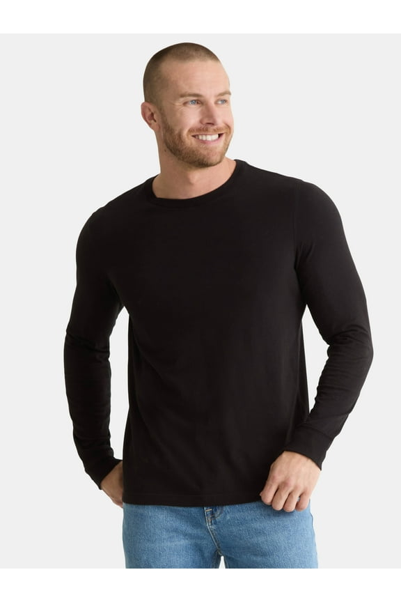 Men's & Big Men's Cotton Crewneck T-Shirt with Long Sleeves, Size XS-3XL