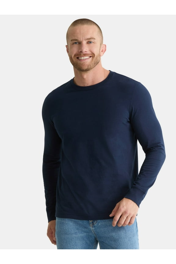 Men's & Big Men's Cotton Crewneck T-Shirt with Long Sleeves, Size XS-3XL
