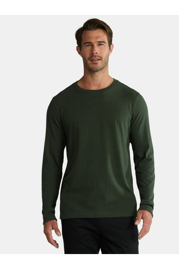 Men's & Big Men's Cotton Crewneck T-Shirt with Long Sleeves, Size XS-3XL