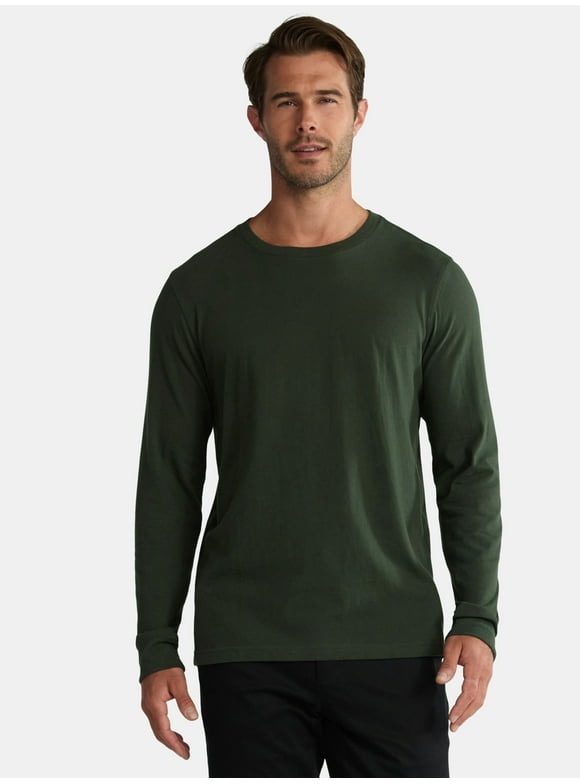Men's & Big Men's Cotton Crewneck T-Shirt with Long Sleeves, Size XS-3XL