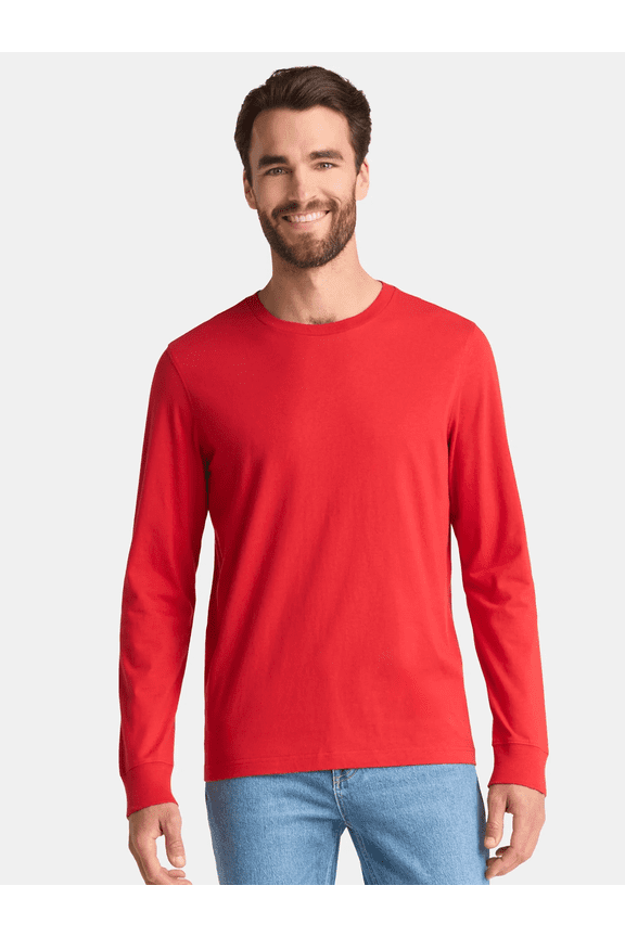 Men's & Big Men's Cotton Crewneck T-Shirt with Long Sleeves, Size XS-3XL