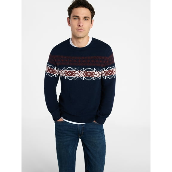 George Men's and Big Men's Fair Isle Crewneck Sweater with Long Sleeves, Midweight, Sizes S-3XL