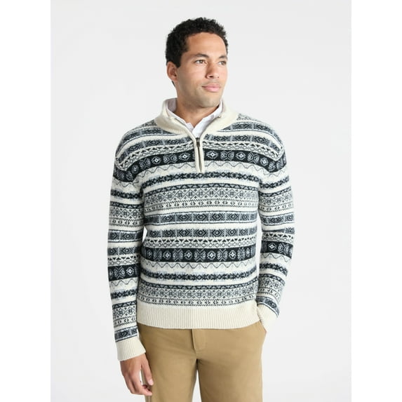 George Men's and Big Men's Fair Isle Quarter Zip Sweater with Long Sleeves, Midweight, Sizes XS-3XL