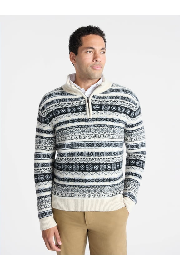 Men's and Big Men's Fair Isle Quarter Zip Sweater with Long Sleeves, Midweight, Sizes XS-3XL