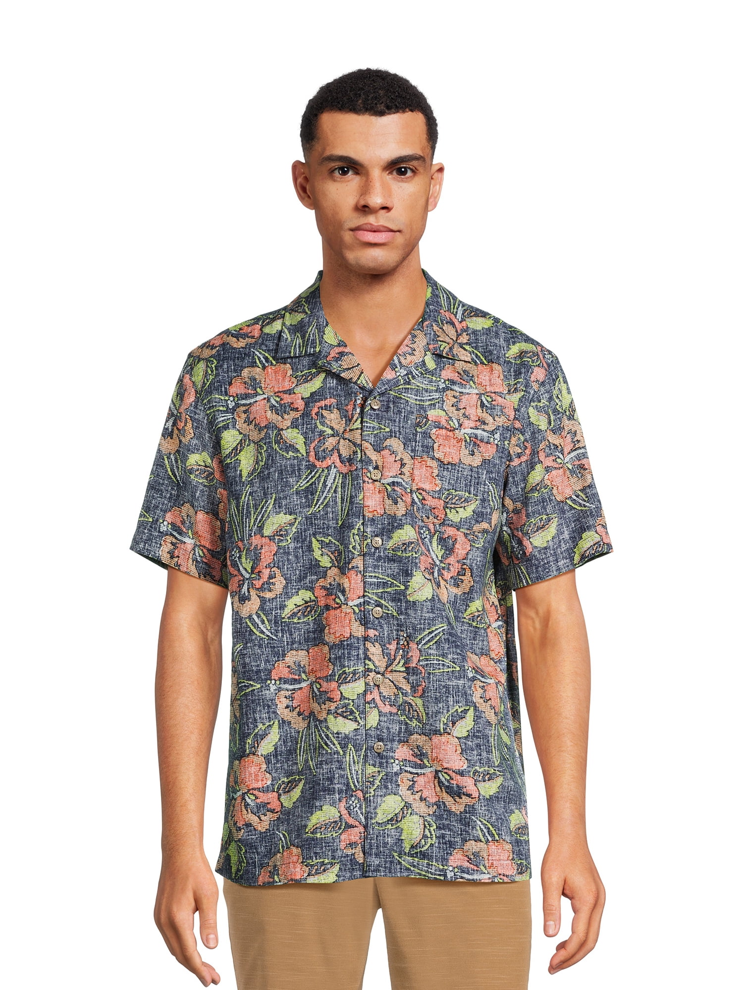 George Men's & Big Men's Short Sleeve Linen Blend Button-Up Camp Shirt, Sizes S-3XL