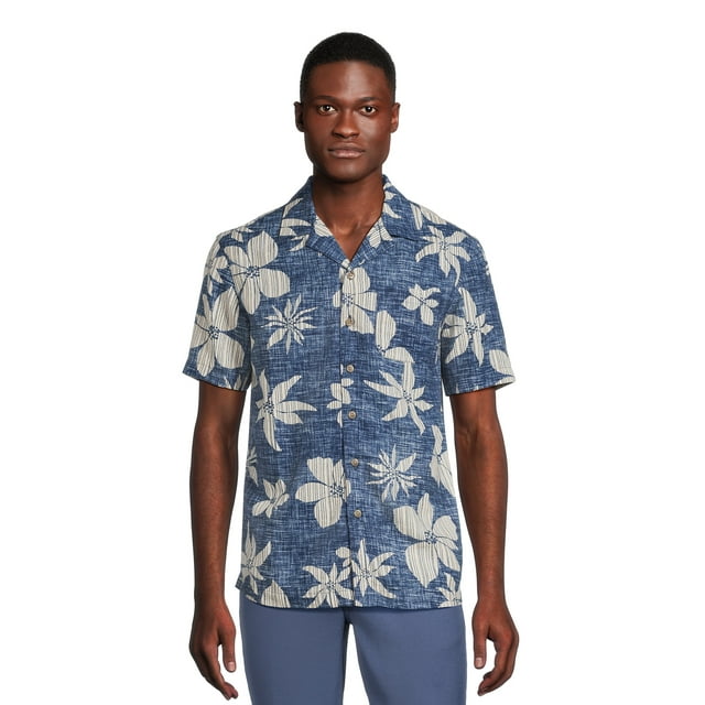 George Men's & Big Men's Short Sleeve Linen Blend Button-Up Camp Shirt ...