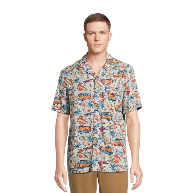 Perry Ellis Leaf Pattern Short Sleeve Rayon Shirt, Men's Size XL Rayon Khaki type beige Vintage Second Hand