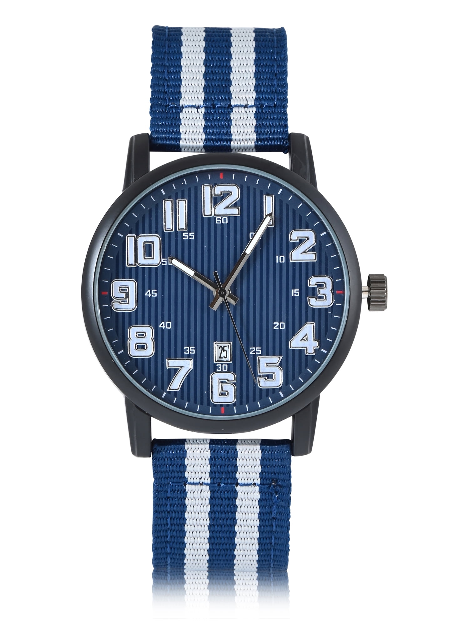 GEORGE Men's Black Round Watch Case with Eazy Read Dial, Date Feature & Navy Pinstripe Nylon Strap. 44MM