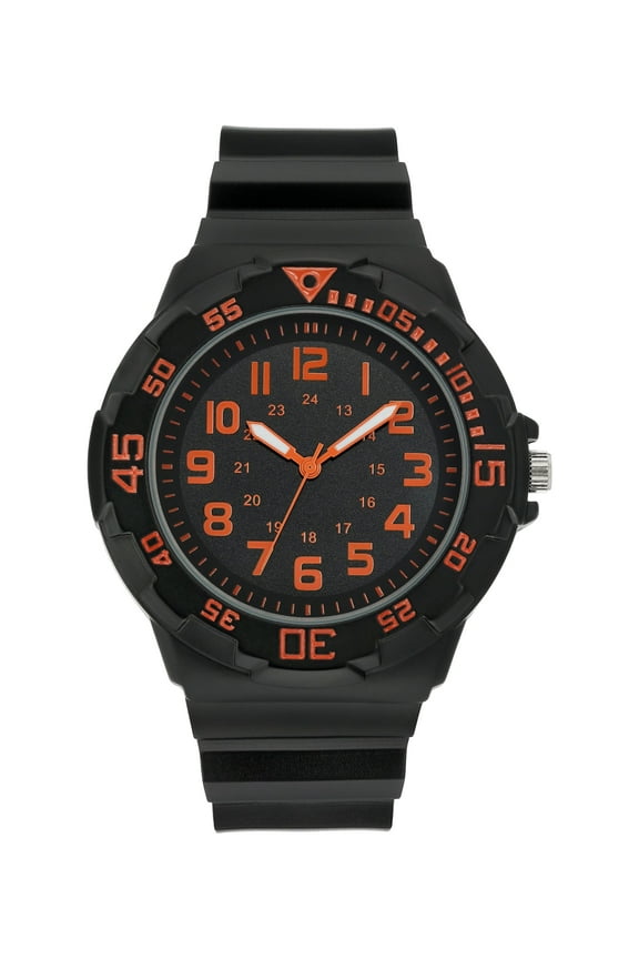 Men's Casual Watch with Orange Round Dial and Black Resin Band
