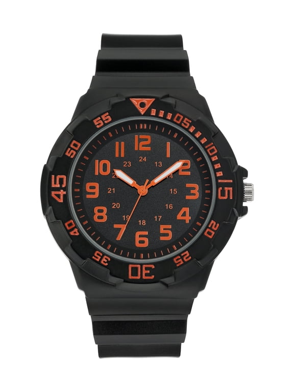 Men's Casual Watch with Orange Round Dial and Black Resin Band