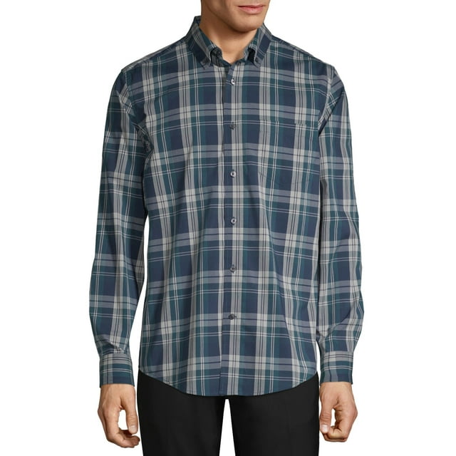 George Men's Classic Fit Long Sleeve Plaid Poplin Shirt, up to size 5XL ...