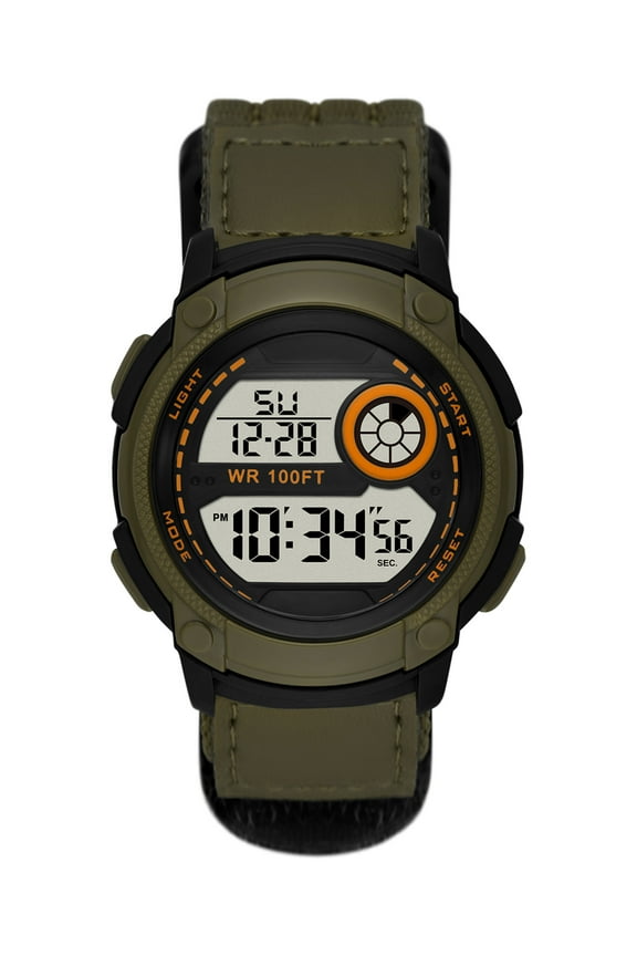 Men's Digital Watch: Black Round Case, Green Bezel, Positive Display, Green Fast-Fit Strap (FMDOGE055)