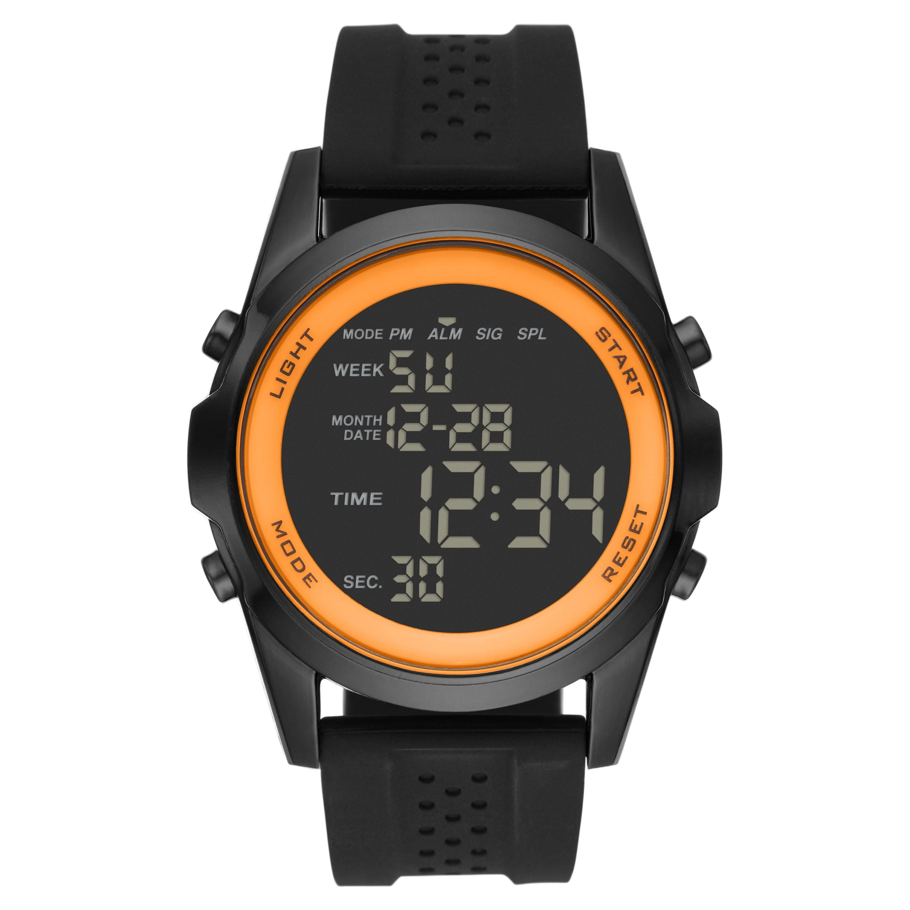 Men s George Digital Watch Gunmetal Case Orange Bezel Black Silicone Band FMDOGE032