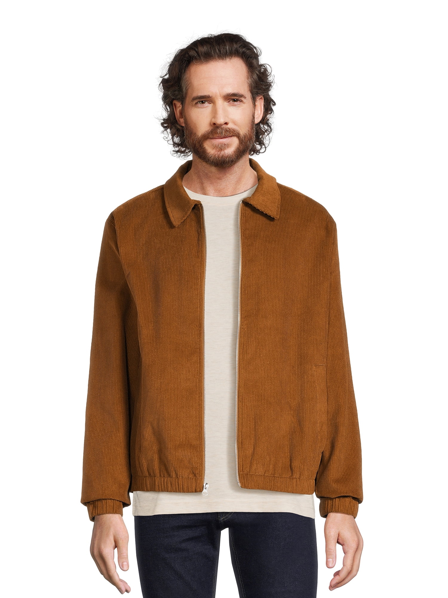 Men Collar Neck Tan Corduroy Faux Fur Jacket