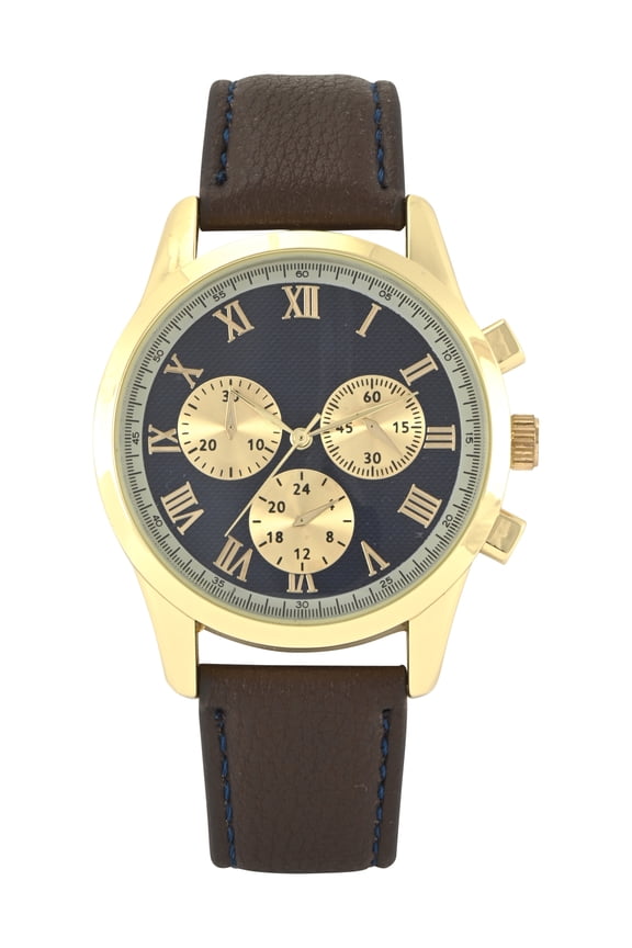 Men's Gold Round Case with Brown Strap Watch
