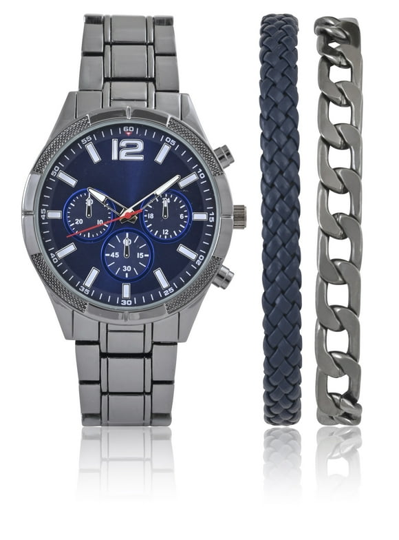 Men's Gun Metal Watch with Blue Faux Chronograp Dial & Matching 2 Accessory Bracelets in Gun and Blue. 45MM