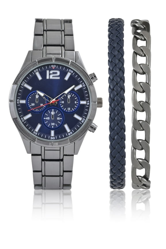 Men's Gun Metal Watch with Blue Faux Chronograp Dial & Matching 2 Accessory Bracelets in Gun and Blue. 45MM
