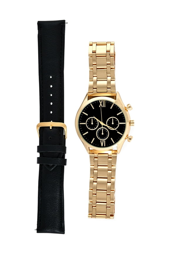 Men's Interchangeable 2 Piece Watch with Gold Bracelet and Black PU Strap . 45MM