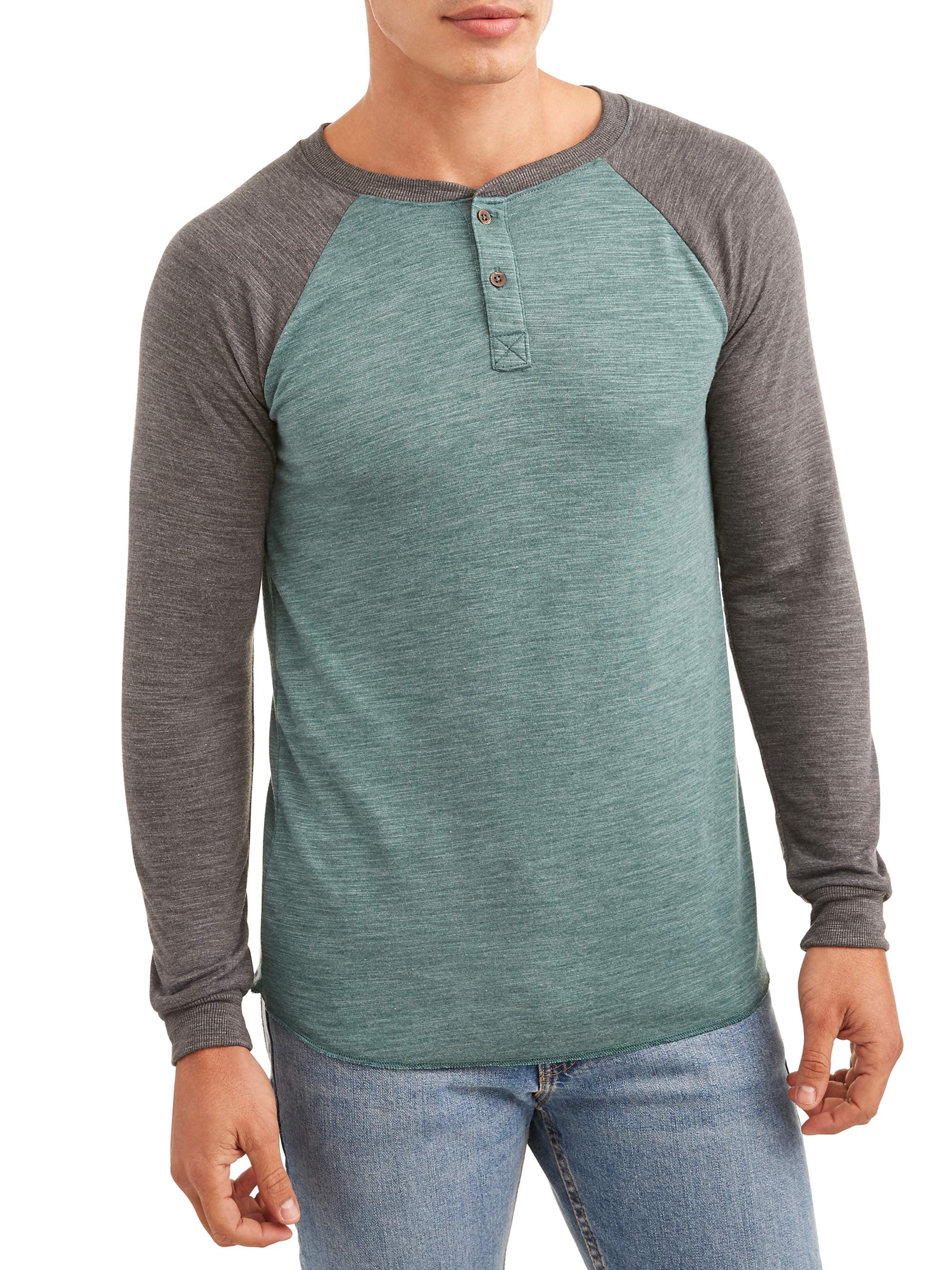 George Men's Long Sleeve Soft Double Knit Henley Raglan T-Shirt, Up to Size 5XL -