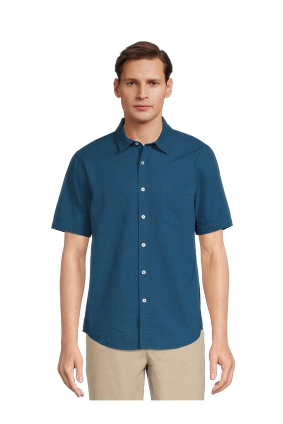 Men's Seersucker Button Up Shirt with Short Sleeves