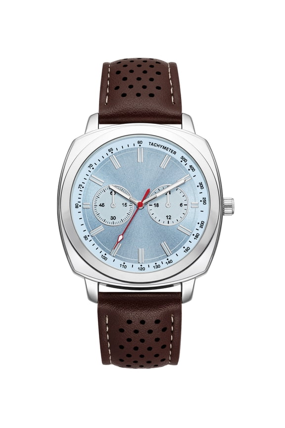 Men's Silver-Tone Leather Strap Watch