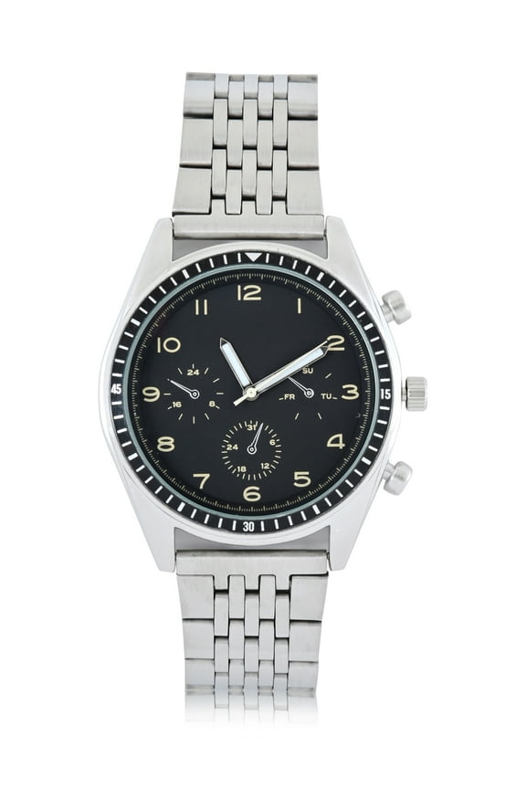Men's Silvertone Metal Bracelet Watch with Black Easy Read Faux Chronograph Dial. 50MM