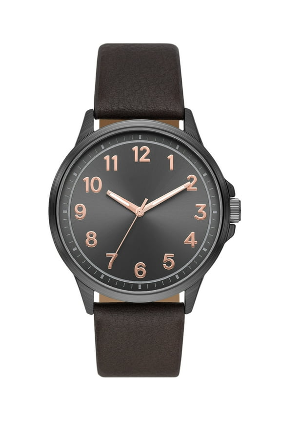 Men's Watch: Gunmetal Tone Case, Black Easy Read Dial, Brown Textured Vegan Leather Band (FMDOGE057)