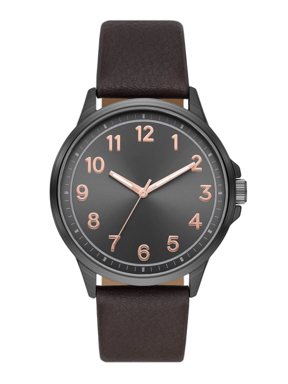 Men's Watch: Gunmetal Tone Case, Black Easy Read Dial, Brown Textured Vegan Leather Band (FMDOGE057)
