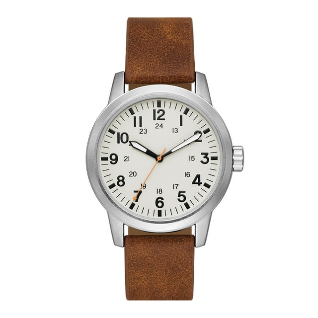 George Men's Watch: Matte Silver Tone Case, Off White Easy Read Dial, Tan Vegan Leather Band (FMDOGE048)