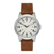 George Mens Watch Matte Silver Tone Case, Off White Easy Read Dial, Tan Vegan Leather Band FMDOGE048
