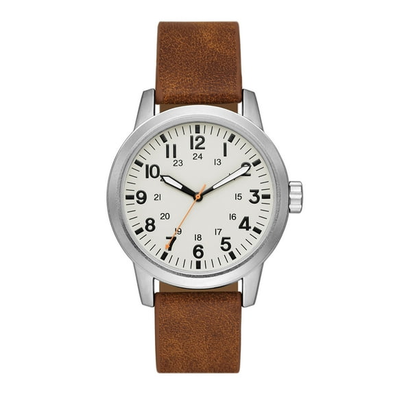 George Men's Watch: Matte Silver Tone Case, Off White Easy Read Dial, Tan Vegan Leather Band (FMDOGE048)