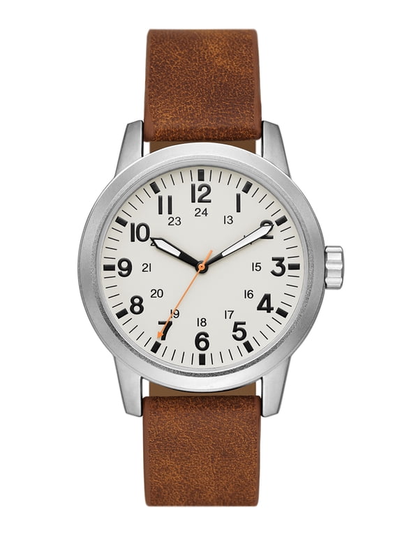 Men's Watch: Matte Silver Tone Case, Off White Easy Read Dial, Tan Vegan Leather Band (FMDOGE048)