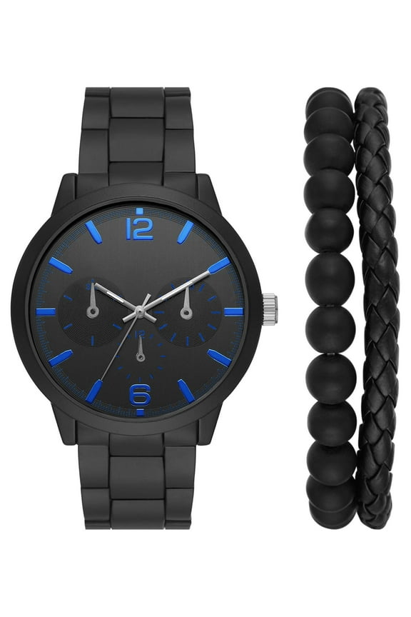 Men's Watch Set: Black Case, Black Dial, Black 3 Link Bracelet, 2 Acessory Bracelets (FMDXGE039)