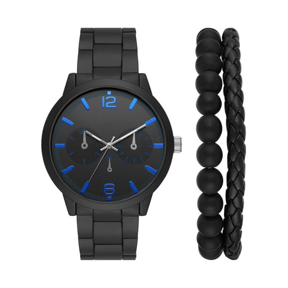 Men's Watch Set: Black Case, Black Dial, Black 3 Link Bracelet, 2 Acessory Bracelets (FMDXGE039)