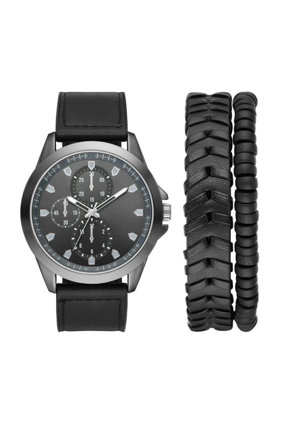 Men's Watch Set: Gunmetal Case, Black Dial, Textured Vegan Leather Band, Braided PU Band, Stretchy Bead Bracelet (FMDXGE038).