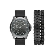 George Mens Watch Set Gunmetal Case, Black Dial, Textured Vegan Leather Band, Braided PU Band, Stretchy Bead Bracelet FMDXGE038.