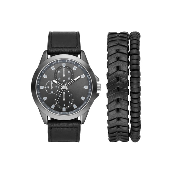 George Men's Watch Set: Gunmetal Case, Black Dial, Textured Vegan Leather Band, Braided PU Band, Stretchy Bead Bracelet (FMDXGE038).