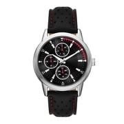 George Mens Wristwatch, Silver Tone 43mm Round Case, Black Dial, Black Perforated Faux Leather Strap (FMDOGE060)