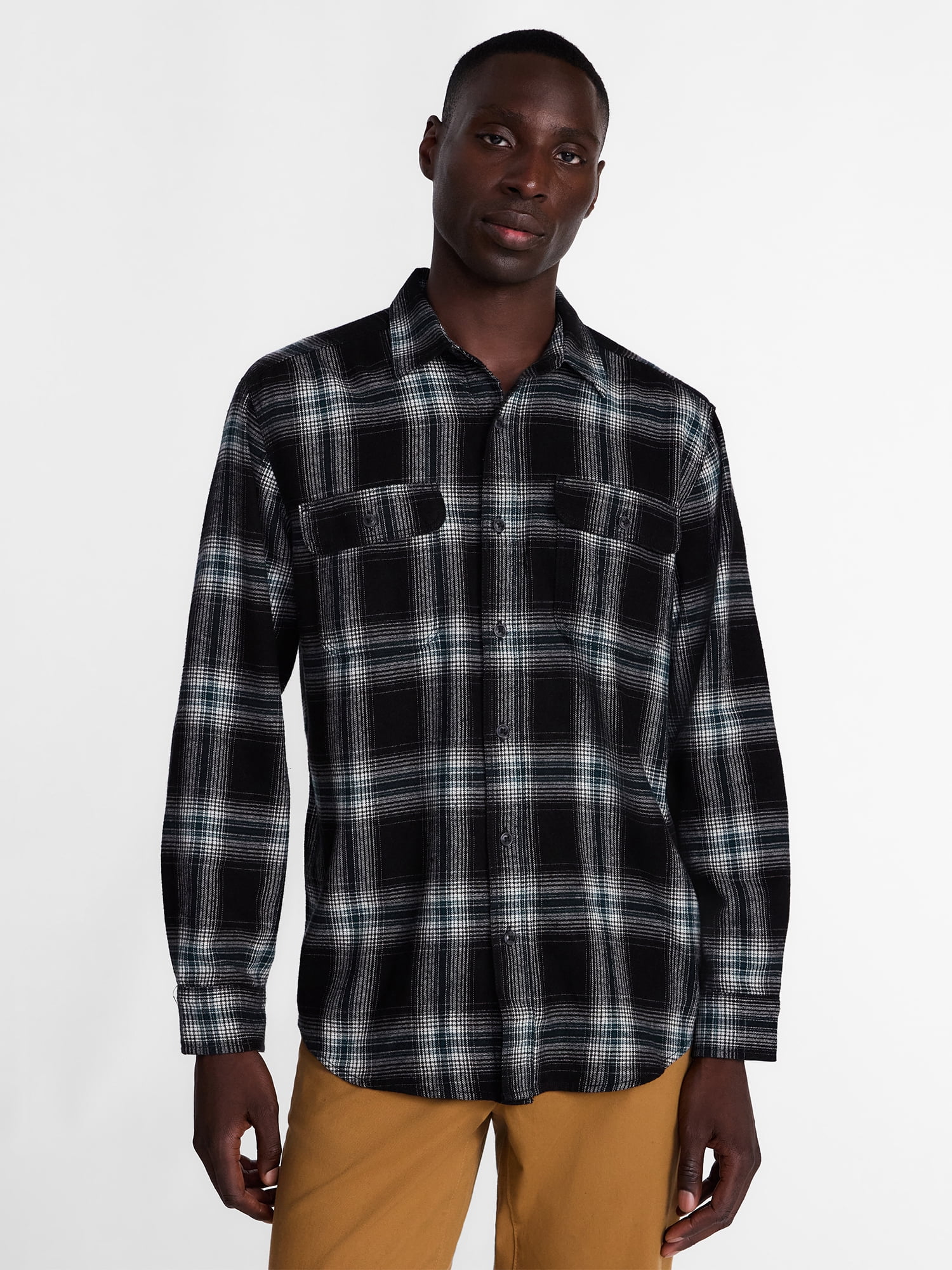 George Men's and Big Men's 100% Cotton Double Pocket Flannel Shirt, Sizes XS-3XLT