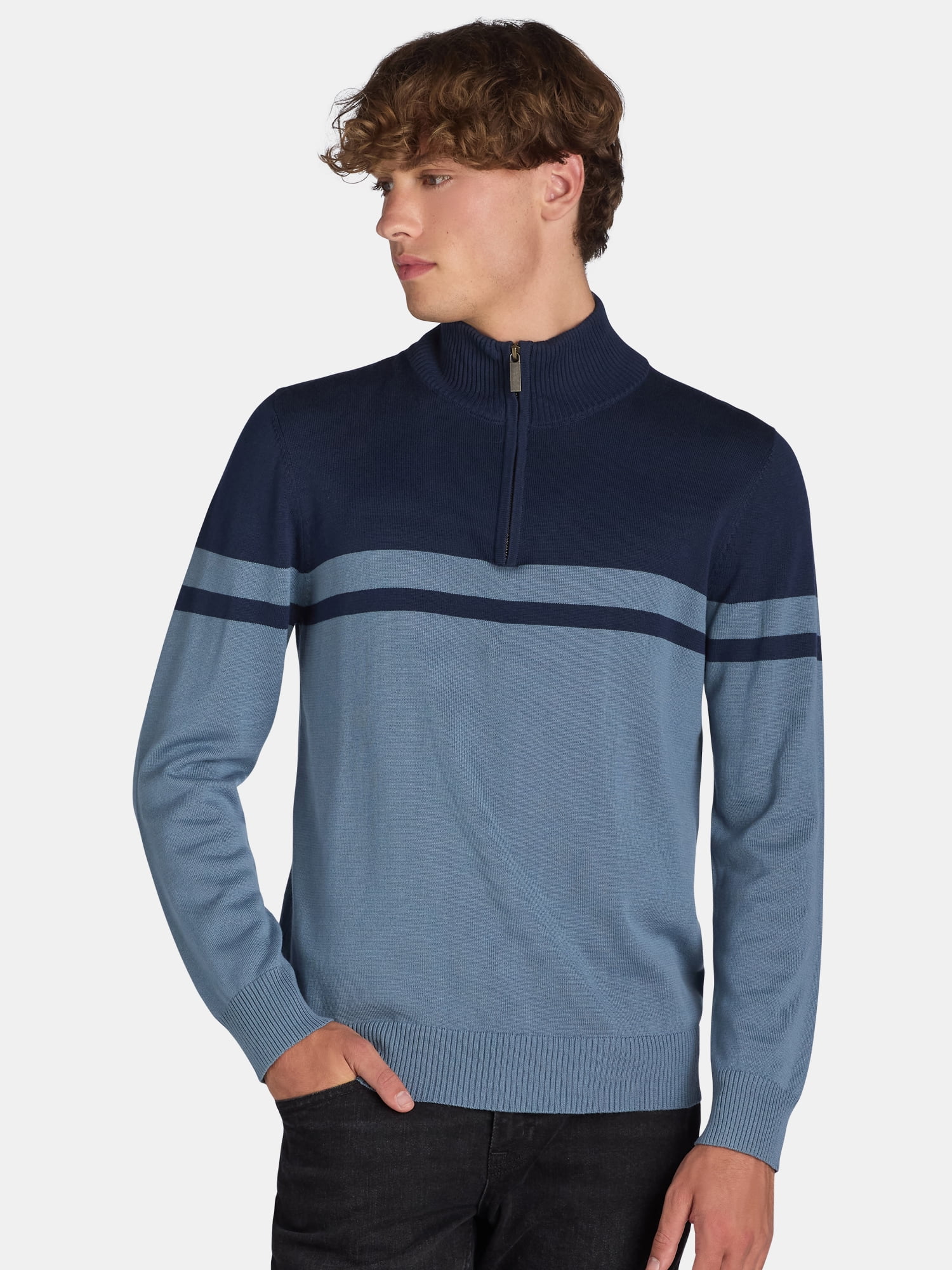 George Men's and Big Men's Chest Stripe Quarter Zip Sweater, Midweight ...