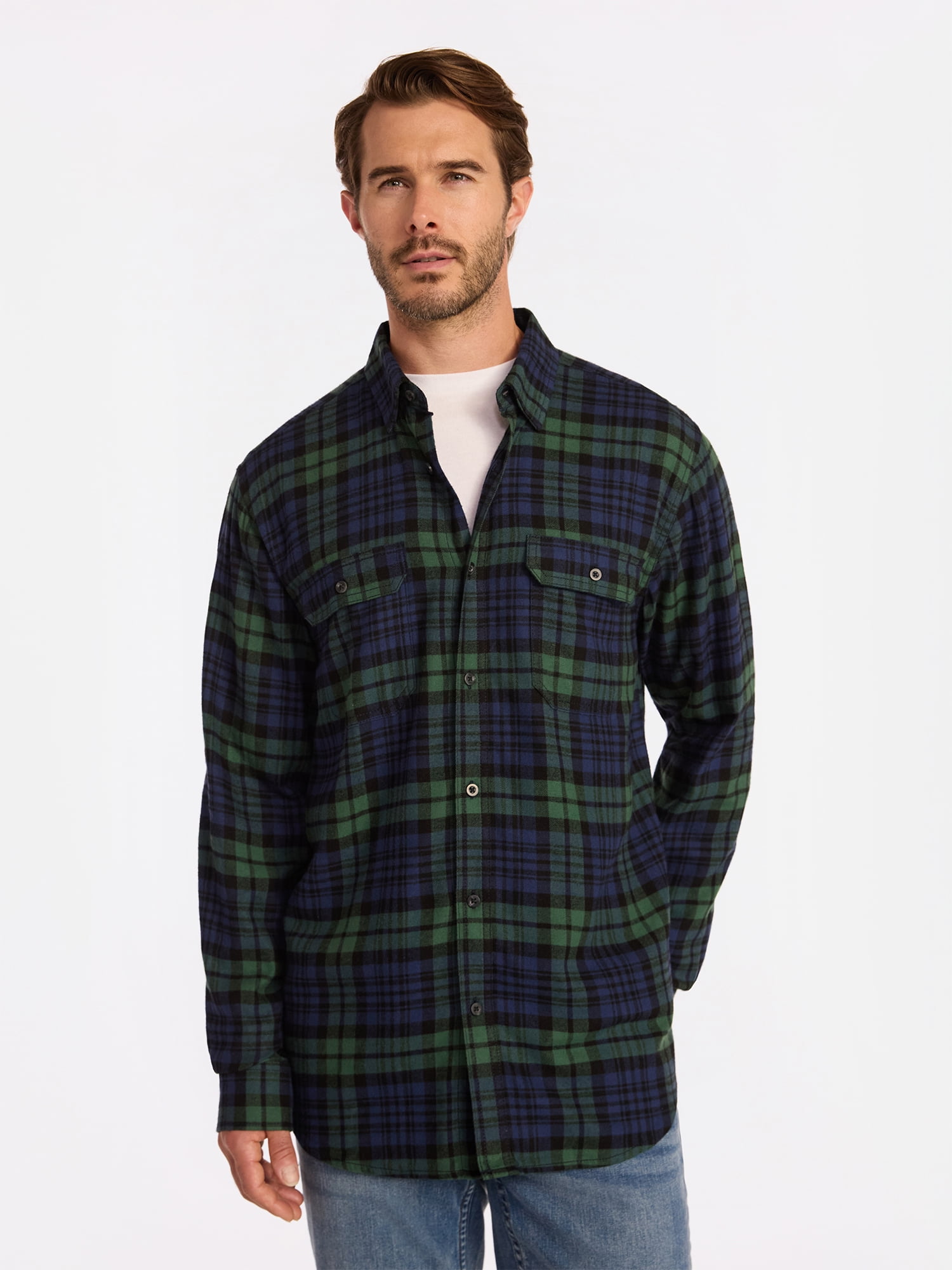 George Men's & Big Men's Relaxed Fit Double Pocket Flannel Shirt, Sizes XS-3XLT