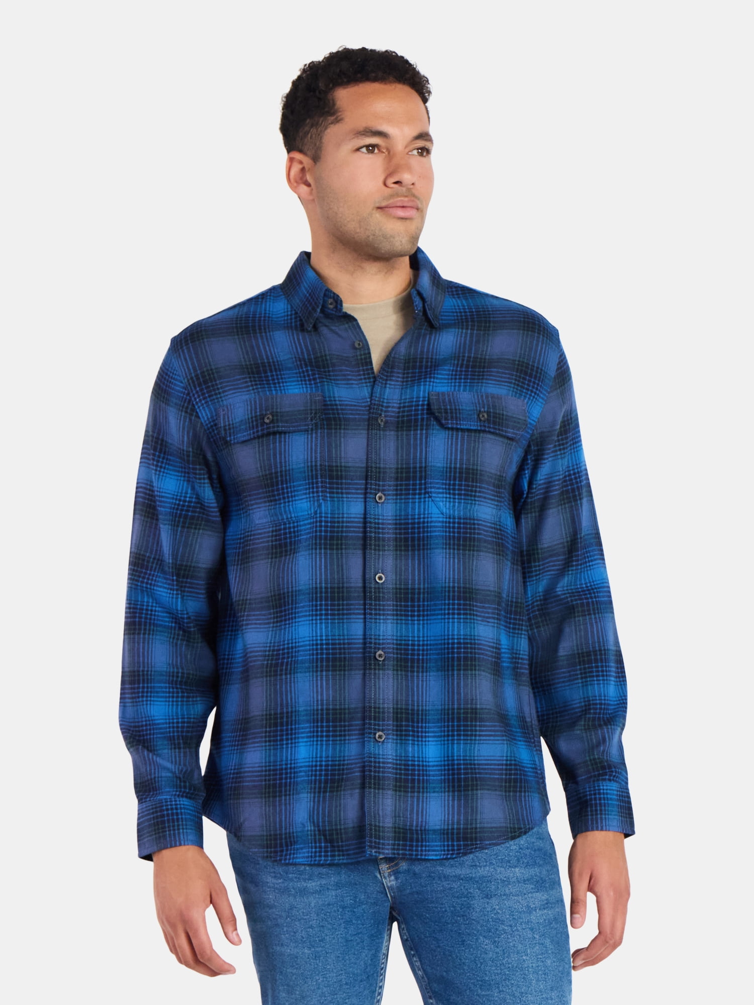 George Men's and Big Men's Double Pocket Flannel Shirt, Sizes XS-3XLT