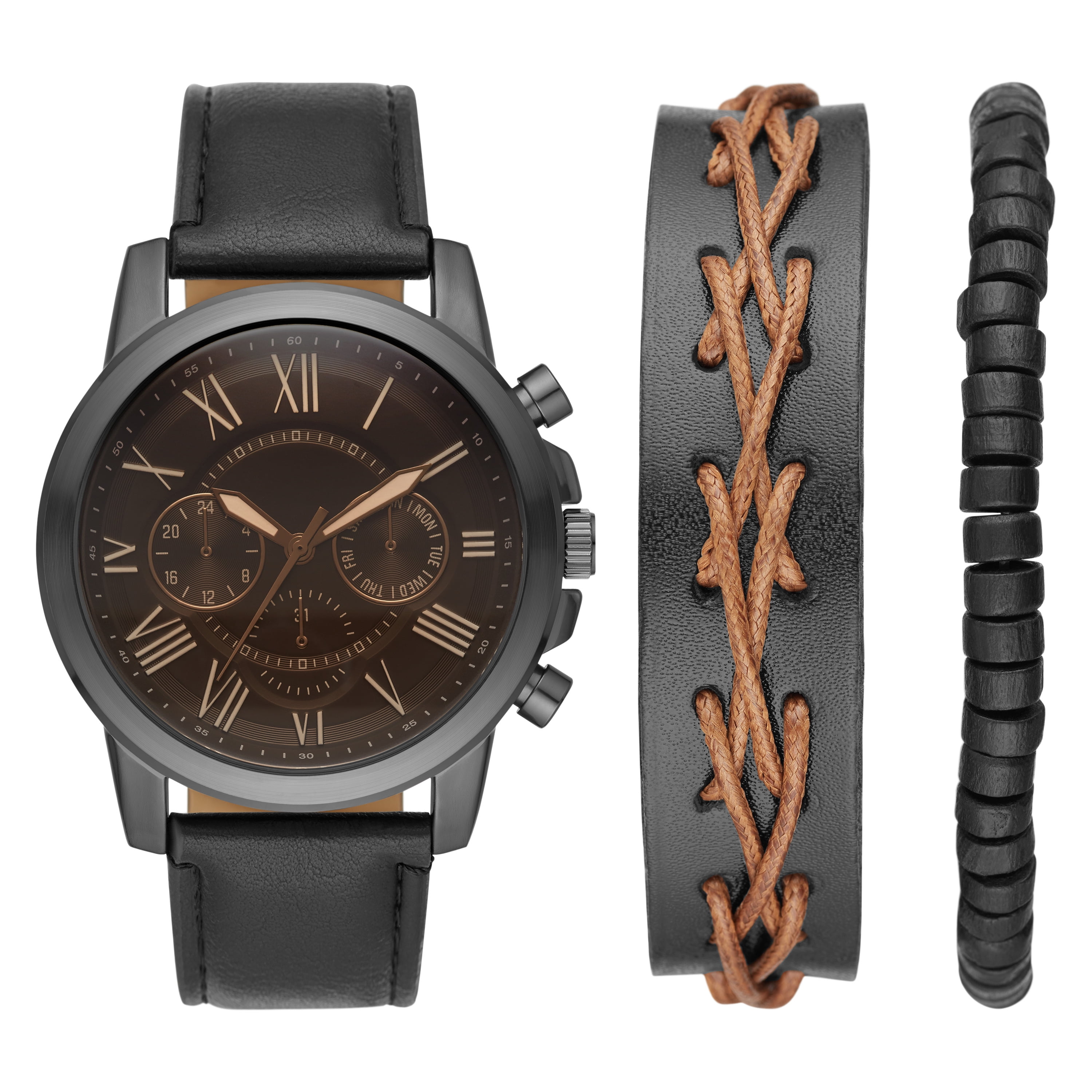 Mens 3PC Watch Set Gunmetal Case and Dial, Black Band and 2