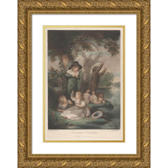 George Morland 11x14 Gold Ornate Wood Frame and Double Matted Museum Art Print Titled - Children Fishing (1788)