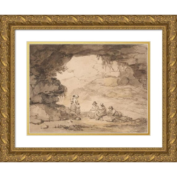 George Morland 18x14 Gold Ornate Wood Frame and Double Matted Museum Art Print Titled - Peasants in a Grotto
