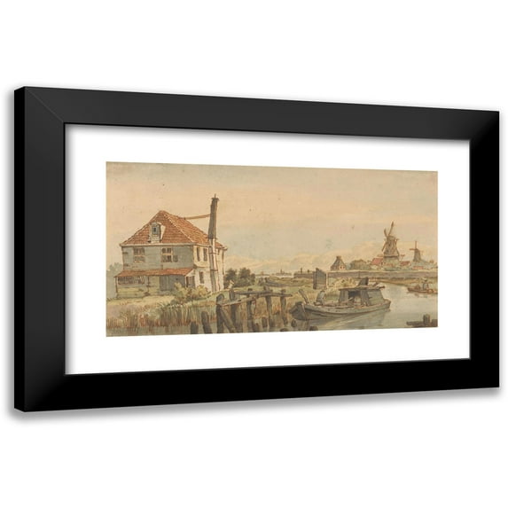George Pieter Westenberg 14x9 Black Modern Framed Museum Art Print Titled - Sail by Boat, a House and Two Mills (1801 - 1873)