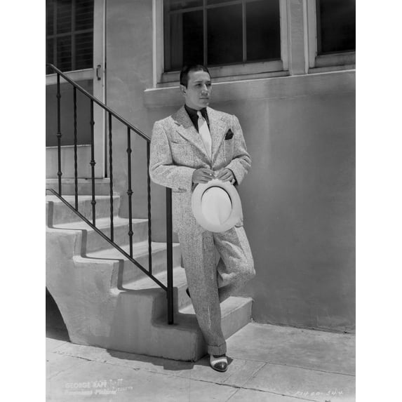 George Raft Leaning on Stair Railing in Formal Outfit With Hat Portrait Photo Print (24 x 30)