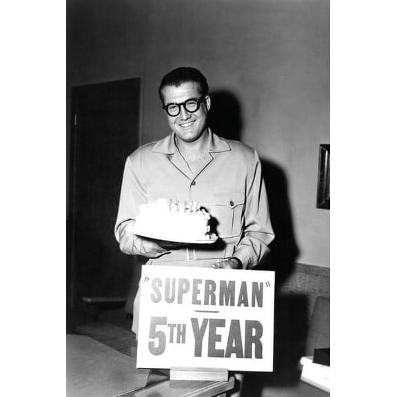 George Reeves in Adventures of Superman holding 5th Anniversary cake 24x36 Poster